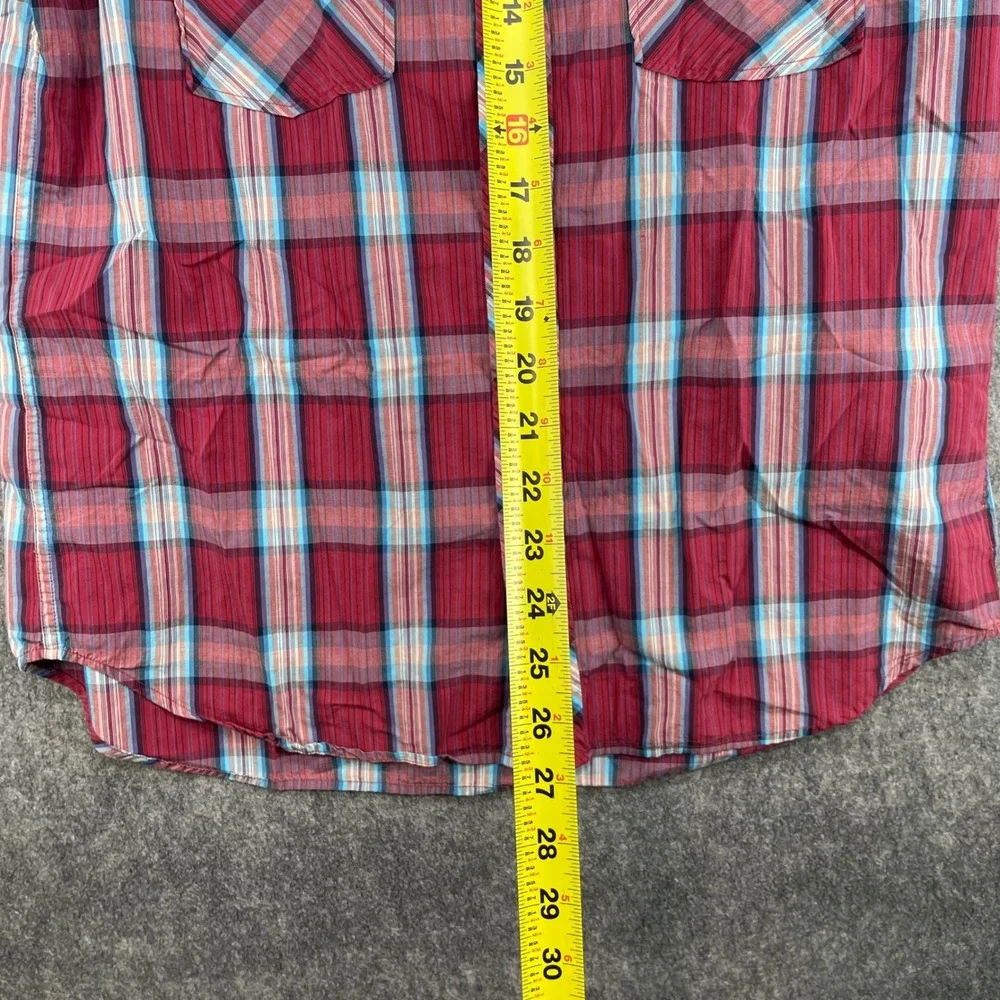 Lucky Brand Shirt Mens Large Red Plaid Short Sleeve Western Pearl Snap Cowboy